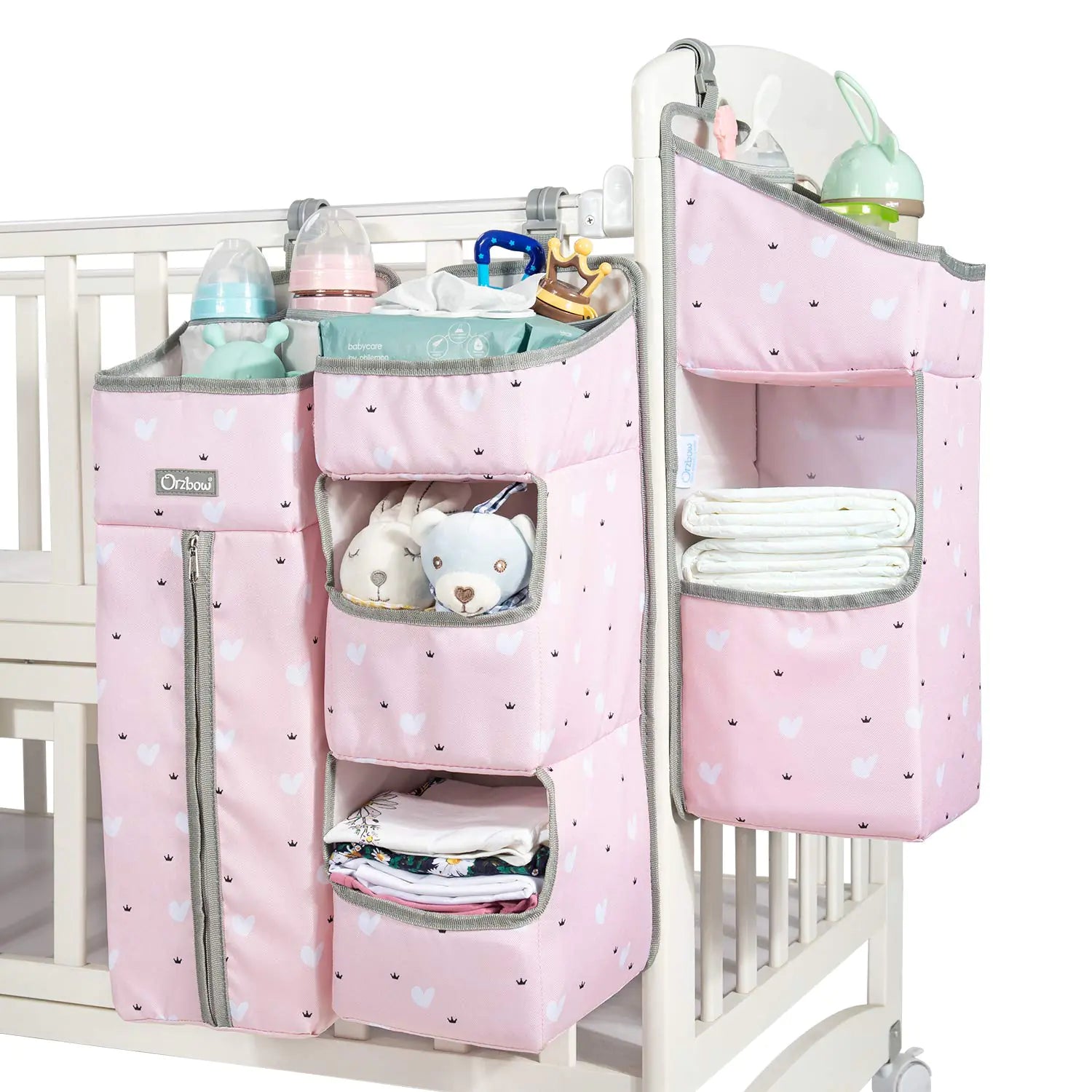 Orzbow 3-in-1 Nursery Organizer and Baby Diaper Caddy | Hanging Diaper Organization Storage for Baby Essentials | Hang on Crib Changing Table or Wall (Pink)