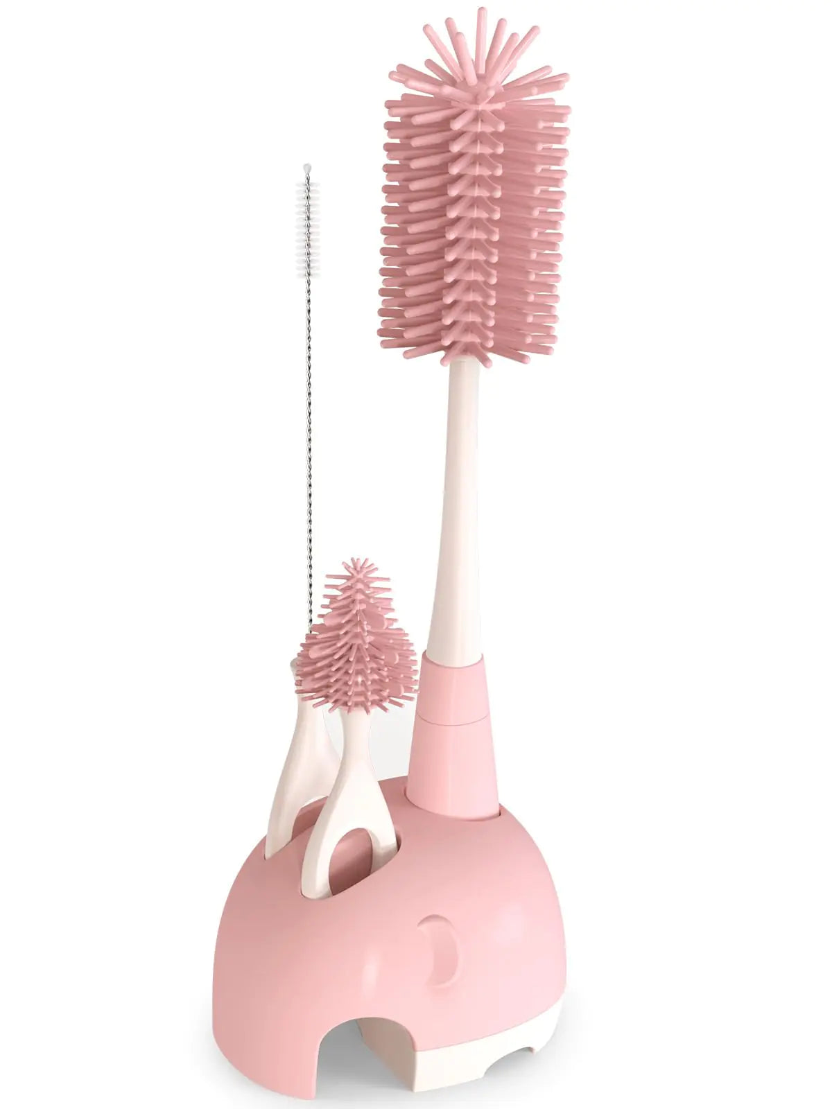 Baby Bottle Brush Set with Stand 4 in 1 Soft Silicone Bottle Brush Cleaner Nipple Straw Cleaner Brush Detachable Boilable Sterilizable Bristles Long Handle Cleaning Brush Baby Essentials (Pink)
