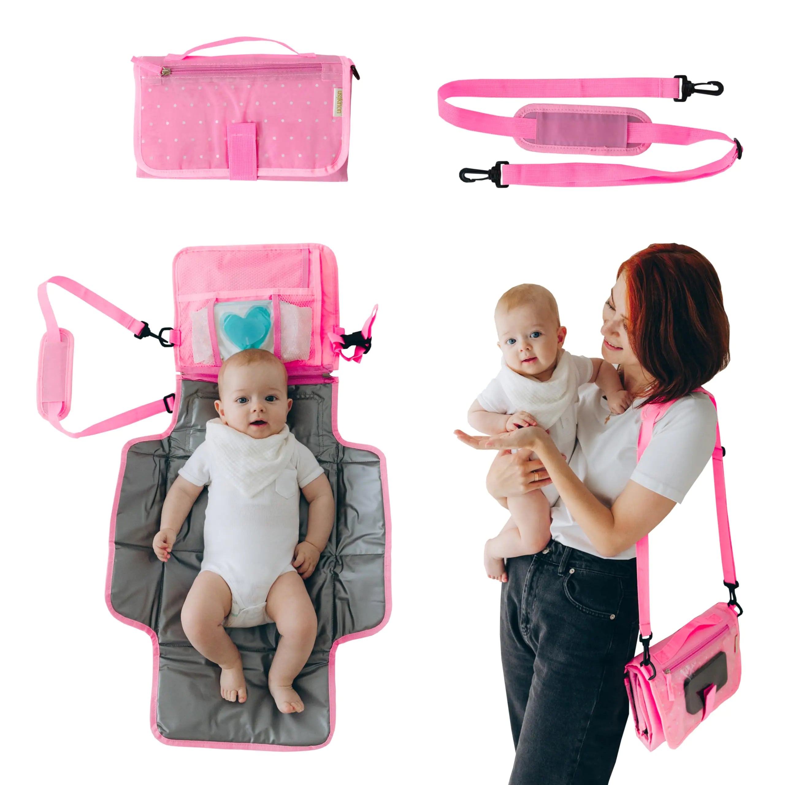 Usakinon Portable Baby Diaper Changing Pad Clutch Fits Most Public Changing Tables Touchscreen-Friendly and Wipes &Cream Pockets Baby Essentials Travel Small Diaper Bag with Good Mat Mom Dad (Pink)