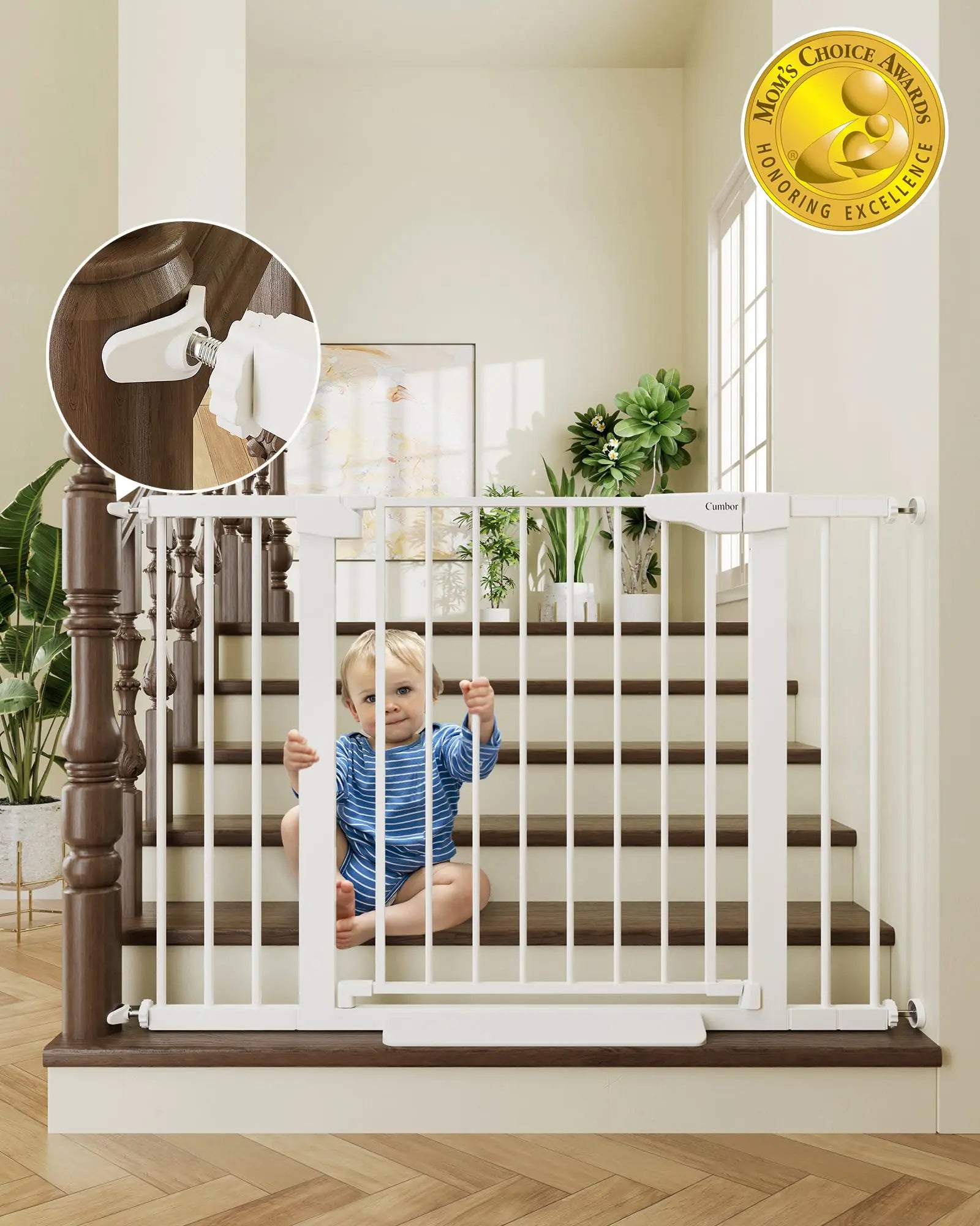 Cumbor 29.7-46" Baby Gate for Stairs Toddler Safety Essentials for The House Auto Close Dog Gate for Doorways Moms Choice Awards Winner-Easy Install Pressure Mounted Pet Gates for Dogs White