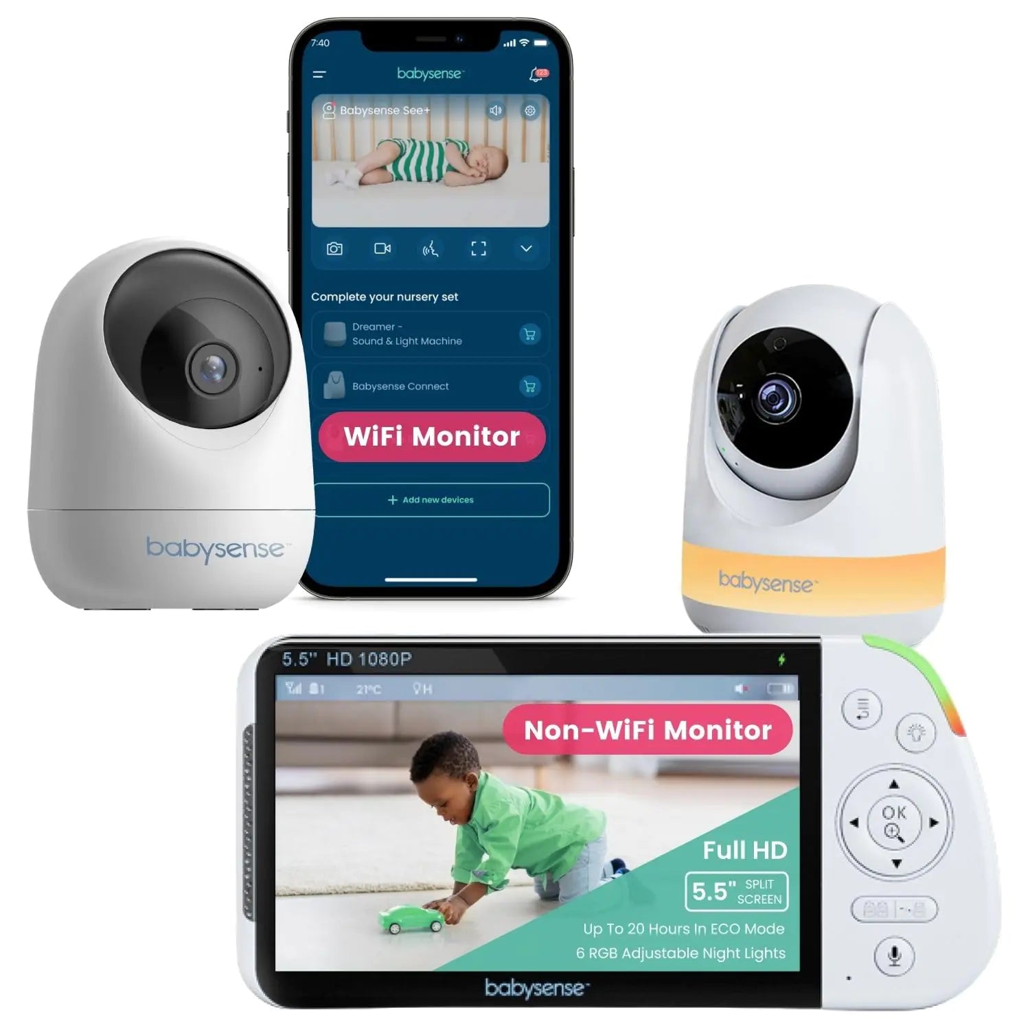 Babysense 3MP/Full HD Video Baby Monitor Bundle - WiFi Camera with App & Separate Non-WiFi Video Baby Monitor with Camera and Audio (Products Dont Connect/Pair with Each Other)