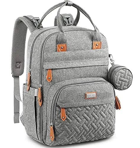 BabbleRoo Diaper Bag Backpack - Baby Essentials Travel Tote - Multi Function Waterproof Diaper Bag Travel Essentials Baby Bag with Changing Pad Stroller Straps & Pacifier Case - Unisex Light Gray