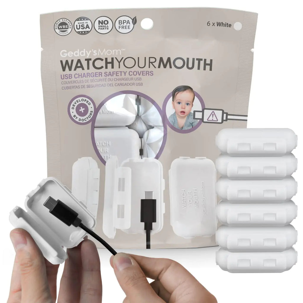 Watch Your Mouth Baby Proof Cord Cover | Award-Winning USB Charger Cover for Baby Proofing Cords | BPA & Phthalate-Free Charger Cover Protector | Electrical Safety Baby Products (6-Pack White)